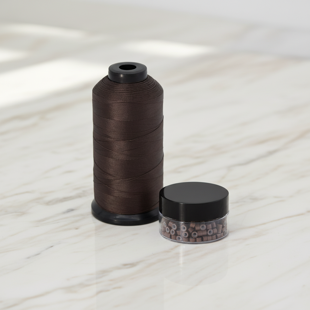 Baner z nićmi nylon thread i mniejszymi koralikami medium brown na marmurze